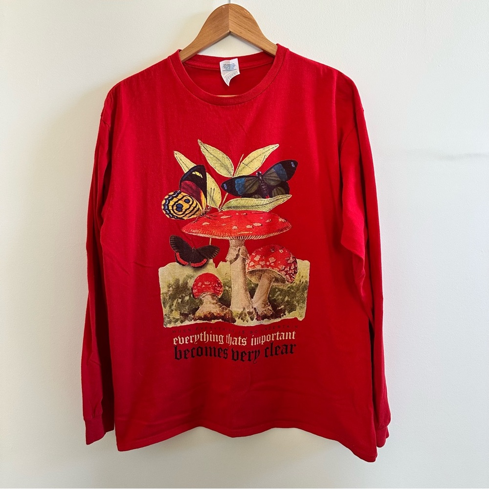 Red Long Sleeve Shirt with Mushroom and Butterfly Print